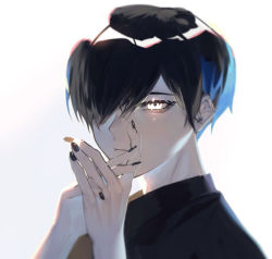 Rule 34 | 1boy, black hair, glowing, glowing eyes, hair over one eye, hand to own mouth, looking at viewer, male focus, mizumi zumi, multicolored hair, nail polish, original, own hands clasped, own hands together, short hair, simple background, two-tone hair, upper body, white background, white eyes