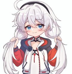 Rule 34 | 1girl, :3, ahoge, black hairband, blue eyes, blush, bunching hair, character request, check character, check copyright, chinese commentary, commentary, copyright request, gululu w, hair between eyes, hair intakes, hairband, honkai (series), honkai impact 3rd, hood, hood down, hooded jacket, jacket, kiana kaslana, long hair, looking at viewer, open clothes, open jacket, shirt, simple background, solo, twintails, upper body, white background, white hair, white jacket, white shirt, zipper