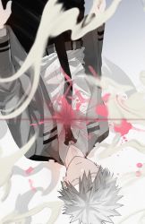 Rule 34 | 1boy, abstract background, absurdres, alternate hair color, arms at sides, bakugou katsuki, belt, black necktie, black pants, blazer, blood, blood splatter, blurry, blurry foreground, boku no hero academia, closed eyes, collared shirt, death, depth of field, double horizontal stripe, dress shirt, dutch angle, film grain, floating clothes, grey hair, grey jacket, hair between eyes, highres, jacket, long sleeves, male focus, mikan (artist), necktie, pants, parted lips, pink blood, school uniform, shirt, short hair, solo, spiked hair, spoilers, u.a. school uniform, upper body, upside-down, white background, white shirt