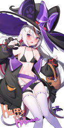 Rule 34 | 1girl, absurdres, basket, bikini, black bikini, black choker, black hat, black jacket, breasts, candy, choker, collarbone, commentary, english commentary, fingernails, food, halloween, happy halloween, hat, highres, holding, holding basket, jacket, long hair, long sleeves, looking at viewer, multicolored hair, multicolored nails, nail polish, navel, ohihil, open mouth, orange nails, original, pointy ears, purple nails, red eyes, red hair, small breasts, solo, swimsuit, thighhighs, two-tone hair, very long hair, white hair, white thighhighs, witch hat