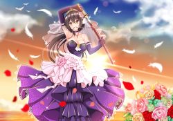 Rule 34 | 1girl, alternate costume, arms up, azur lane, black hair, breasts, choker, dress, elbow gloves, evening, feathers, flower, gloves, hair between eyes, hair flower, hair ornament, holding, holding sword, holding weapon, horns, jewelry, katana, large breasts, long hair, looking at viewer, mikasa (azur lane), multicolored clothes, multicolored dress, necklace, ocean, oni, orange flower, orange rose, ougi (ihayasaka), petals, pink dress, pink flower, pink rose, purple choker, purple dress, purple gloves, red flower, red rose, rose, rose petals, smile, solo, sunset, sword, tiara, weapon, white flower, white rose, yellow eyes, yellow flower, yellow rose