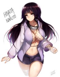 Rule 34 | 10s, 1girl, 2015, ankle wrap, artist name, black hair, breasts, character name, chromatic aberration, cleavage, copyright name, curvy, dated, female focus, fishnets, grey eyes, highres, hime cut, hood, hoodie, hyuuga hinata, jacket, large breasts, long hair, looking at viewer, midriff, mukka, naruto, naruto: road to ninja, naruto (series), navel, open clothes, open jacket, purple eyes, purple hair, short shorts, shorts, smile, solo, thong, white eyes, wide hips, wrist wrap