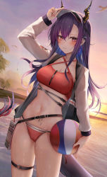 Rule 34 | 1girl, 3:, alternate costume, arknights, arm up, backlighting, ball, beach, beachball, belt, bikini, breasts, cameltoe, ch&#039;en (arknights), criss-cross halter, dragon horns, dragon tail, earphones, frown, hair ornament, hairclip, halterneck, highres, horns, jacket, long hair, looking at viewer, medium breasts, nail polish, navel, open clothes, open jacket, outdoors, purple hair, red bikini, red eyes, ru zhai, solo, standing, stomach, string bikini, sunset, swimsuit, tail, thigh strap, thighs, visor cap, wet