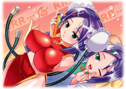 Rule 34 | 2girls, :o, ;d, alternate costume, android, aq interactive, arcana heart, atlus, blue hair, blush, breast hold, breasts, bun cover, cable, cellphone, china dress, chinese clothes, covered erect nipples, curvy, double bun, dress, dutch angle, embarrassed, examu, green eyes, hair bun, hair ornament, hair ribbon, hairclip, highleg, impossible clothes, impossible dress, impossible shirt, lab coat, large breasts, mei-fang, mei ling hua, mizuki gyokuran, multiple girls, no bra, no panties, official art, one eye closed, open mouth, phone, ribbon, shiny clothes, shirt, short hair, sideboob, smile, standing, surprised, waving, wide hips, wink, wristband
