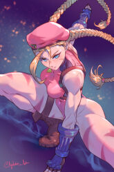 1girl agitato alternate_color beret blonde_hair blue_eyes bodypaint boots bracer braid breasts brown_footwear cammy_white evolution_championship_series facial_scar fingerless_gloves gloves hat knee_up large_breasts leotard long_braid long_hair looking_at_viewer outstretched_hand pink_hat pink_leotard scar scar_on_cheek scar_on_face single_bang solo split spread_legs squatting street_fighter street_fighter_6 street_fighter_ii_(series) thigh_strap thighs thong_leotard twin_braids v-shaped_eyebrows wide_spread_legs
