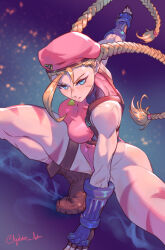 Rule 34 | 1girl, agitato, alternate color, beret, blonde hair, blue eyes, bodypaint, boots, bracer, braid, breasts, brown footwear, cammy white, evolution championship series, facial scar, fingerless gloves, gloves, hat, knee up, large breasts, leotard, long braid, long hair, looking at viewer, outstretched hand, pink hat, pink leotard, scar, scar on cheek, scar on face, single bang, solo, split, spread legs, squatting, street fighter, street fighter 6, street fighter ii (series), thigh strap, thighs, thong leotard, twin braids, v-shaped eyebrows, wide spread legs