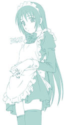 Rule 34 | 00s, 1girl, 2005, bow, dated, expressionless, green theme, own hands clasped, long hair, looking at viewer, maid, maid headdress, monochrome, original, own hands together, puffy sleeves, shiwasu takashi, solo, standing, thighhighs, very long hair, zettai ryouiki