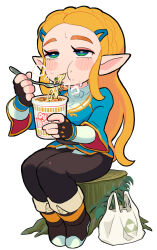 1girl bag black_gloves black_pants blonde_hair blue_eyes blue_tunic blush boots breasts chopsticks commentary eating fingerless_gloves food food_on_face gashi-gashi gloves holding holding_chopsticks long_hair long_sleeves nintendo nissin_cup_noodle noodles pants pointy_ears princess_zelda ramen shopping_bag sitting solo steam sweat symbol-only_commentary the_legend_of_zelda the_legend_of_zelda:_breath_of_the_wild tree_stump triforce tunic