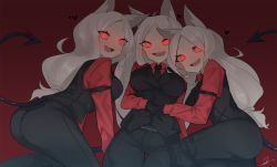 Rule 34 | 3girls, :d, animal ears, ass, blush, breasts, cerberus (helltaker), demon tail, dog ears, fang, fataaa, glowing, glowing eyes, heart, helltaker, highres, long hair, looking at viewer, multiple girls, open mouth, parted bangs, red background, red eyes, siblings, silver hair, simple background, sisters, smile, tail, vest, waistcoat