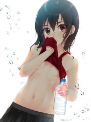 Rule 34 | 1girl, belly, black hair, blush, bottle, breasts, brown eyes, kantai collection, koruri, looking at viewer, navel, no bra, sendai (kancolle), simple background, small breasts, solo, sweat, tank top, water drop
