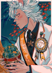 Rule 34 | 1boy, absurdres, adam&#039;s apple, animal ear fluff, award ribbon, birthday, birthday sash, black shirt, blush, bolo tie, branch, cactus, collared shirt, commentary request, dark-skinned male, dark skin, english text, food, from side, fruit, grey hair, hands up, highres, holding, holding plant, hyena boy, hyena ears, jack (power stone), jacket, lapel pin, long sleeves, looking away, male focus, open collar, orange eyes, pineapple, plant, potted plant, profile, sash, shirt, short hair, shoulder sash, solo, spiked hair, suit jacket, tomei ningen, tree, twisted wonderland, upper body, white jacket, x-red flower