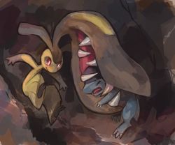 Rule 34 | battle, biting, brown background, claws, commission, cranidos, creatures (company), extra mouth, closed eyes, full body, game freak, gen 3 pokemon, gen 4 pokemon, glitchedpuppet, jumping, mawile, nintendo, no humans, open mouth, outstretched arms, pokemon, pokemon (creature), pokemon move, red eyes, spread arms, teeth