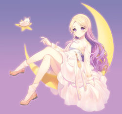 Rule 34 | 1girl, a20 (atsumaru), blonde hair, blush, braid, brown footwear, closed mouth, commission, crescent moon, crop top, crown braid, dress, floral print, forehead, full body, gradient background, highres, jacket, long sleeves, looking at viewer, moon, on crescent, original, parted bangs, print jacket, purple background, purple eyes, purple hair, shoes, sitting on moon, sleeves past wrists, smile, socks, solo, star (symbol), white dress, white jacket, white socks