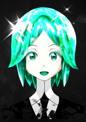 Rule 34 | 1other, absurdres, androgynous, gem uniform (houseki no kuni), green eyes, green hair, highres, houseki no kuni, looking at viewer, looking back, md5 mismatch, open mouth, other focus, phosphophyllite, shards, shirt, simple background, smile, solo, the only shoe, the shoe, white shirt