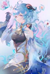 Rule 34 | 1girl, absurdres, ahoge, bare shoulders, bell, black gloves, blue hair, bodystocking, chinese commentary, closed mouth, commentary request, cowboy shot, detached sleeves, flower, fre (haochilanzuo), frozen flower, ganyu (genshin impact), genshin impact, gloves, goat horns, gold trim, hand up, highres, holding cube, horns, ice, ice cube, long hair, neck bell, purple eyes, sitting, snowflakes, solo, very long hair, white sleeves