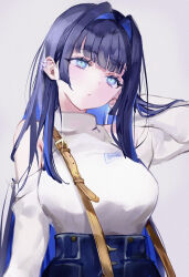 Rule 34 | 1girl, absurdres, blue eyes, blue hair, blue skirt, breasts, closed mouth, clothing cutout, colored inner hair, earrings, grey background, hair intakes, hand in own hair, head tilt, highres, hololive, hololive english, jewelry, large breasts, long hair, long sleeves, mile (off8mile), multicolored hair, official alternate costume, ouro kronii, ouro kronii (casual), shirt, shoulder cutout, shoulder strap, simple background, skirt, solo, sweater, very long hair, virtual youtuber, white shirt, white sweater
