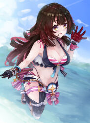 Rule 34 | 1girl, belt, bikini, bikini under clothes, bikini under shorts, black gloves, black shorts, blue sky, blush, breasts, brown hair, cleavage, cloud, front-tie bikini top, front-tie top, gloves, highleg, highleg bikini, highres, hololive, hololive summer 2023 swimsuit, large breasts, long hair, looking at viewer, mechanical arms, mechanical legs, multicolored hair, open mouth, pink bikini, pink hair, red gloves, roboco-san, sawa nao, shorts, sky, smile, streaked hair, striped bikini, striped clothes, swimsuit, thigh belt, thigh strap, toeless footwear, two-sided gloves, virtual youtuber, wading, water, white belt, yellow eyes