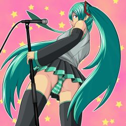 Rule 34 | 1girl, ass, blue eyes, blue hair, detached sleeves, female focus, from below, hatsune miku, long hair, looking back, matching hair/eyes, microphone, microphone stand, nike (0306), panties, skirt, solo, striped clothes, striped panties, thighhighs, twintails, underwear, upskirt, vocaloid