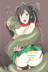 Rule 34 | 10s, 1girl, arm guards, ass, asuka (senran kagura), biting, black hair, black thighhighs, blood, blush, breasts, bridal gauntlets, brown background, coiled, constriction, from behind, green skirt, highres, large breasts, long hair, mingaru, open mouth, panties, peril, pleated skirt, ponytail, red scarf, restrained, scarf, senran kagura, serpent, simple background, skirt, snake, standing, striped clothes, striped panties, sweat, thighhighs, torn clothes, torn legwear, underwear, upskirt, yellow eyes