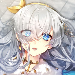 Rule 34 | 1girl, anastasia (fate), ayaka (disagree), blue eyes, bow, fate/grand order, fate (series), grey hair, hair bow, hair over one eye, hairband, long hair, looking at viewer, open mouth, portrait, solo, yellow bow, yellow hairband