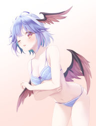 Rule 34 | 1girl, ;p, ahoge, bare shoulders, bird wings, blue bra, blue hair, blue panties, blush, bra, breasts, cleavage, collarbone, eyelashes, feathered wings, head wings, horns, light blue hair, midorino eni, multicolored hair, navel, one eye closed, panties, petite, pink background, red eyes, short hair, simple background, slit pupils, small breasts, solo, standing, stomach, thighs, tokiko (touhou), tongue, tongue out, touhou, two-tone hair, underwear, wings