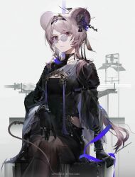 Rule 34 | 1girl, animal ears, arknights, belt, black gloves, black jacket, breasts, cleavage cutout, closed mouth, clothing cutout, english text, feet out of frame, glasses, gloves, grey hair, hair intakes, hair ornament, hairband, hairpin, highres, jacket, lin (arknights), long hair, long sleeves, looking at viewer, pince-nez, purple eyes, shuiyaoximushi, slit pupils, small breasts, solo, tail