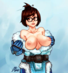 Rule 34 | 1girl, artist name, asmo deus, beads, belt, belt pouch, black-framed eyewear, blue gloves, blue legwear, breasts, breasts apart, breasts out, brown eyes, brown hair, coat, fur-trimmed jacket, fur coat, fur trim, glasses, gloves, hair bun, hair ornament, hair stick, hands up, jacket, large breasts, mei (overwatch), nipples, open clothes, open coat, overwatch, overwatch 1, parka, perky breasts, pink lips, pouch, puffy nipples, short hair, sidelocks, single hair bun, solo, swept bangs, teeth, tongue, tongue out, utility belt, winter clothes, winter coat