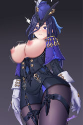 Rule 34 | 1girl, arms at sides, black corset, blue cape, blue hair, breasts, buttons, cape, clorinde (genshin impact), closed mouth, commentary request, corset, dangle earrings, dark background, dark blue hair, earrings, elbow gloves, epaulettes, fold-over gloves, framed breasts, genshin impact, gloves, gradient background, hair between eyes, hat, hat feather, highres, jewelry, large breasts, long hair, long hair between eyes, looking at breasts, looking at viewer, low ponytail, motion blur, nipples, notice lines, paid reward available, pencil skirt, purple eyes, signature, skirt, solo, standing, thigh strap, tricorne, very long hair, white gloves, zero130