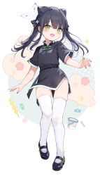 Rule 34 | 1girl, absurdres, animal ears, black dress, black footwear, black hair, blue archive, blue halo, blush, chinese clothes, dress, extra ears, full body, green eyes, halo, highres, long hair, looking at viewer, open mouth, shoes, short sleeves, shun (blue archive), shun (small) (blue archive), simple background, smile, solo, somray, thighhighs, two side up, white background, white thighhighs
