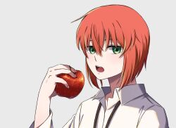 Rule 34 | 1girl, absurdres, apple, bob cut, collared shirt, delfuze, food, fruit, green eyes, grey background, hatori chise, highres, holding, holding food, holding fruit, inverted bob, looking at viewer, mahou tsukai no yome, open mouth, red hair, shirt, simple background, solo, upper body, white shirt, wing collar
