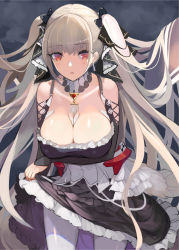Rule 34 | 1girl, azur lane, bare shoulders, between breasts, black dress, breasts, cleavage, collarbone, dress, earrings, formidable (azur lane), frilled dress, frills, grey hair, hair ribbon, jewelry, large breasts, long hair, looking at viewer, open mouth, pantyhose, pupps, red eyes, ribbon, solo, twintails, two-tone dress, two-tone ribbon, very long hair, white pantyhose