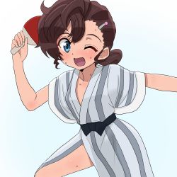 Rule 34 | 1girl, arms up, blue eyes, blush, brown hair, collarbone, gegege no kitarou, hair between eyes, hair ornament, hairclip, highres, inuyama mana, no pants, one eye closed, open mouth, outstretched arm, paddle, ponytail, robe, short sleeves, sidelocks, simple background, single bare leg, smile, striped robe, sweat, table tennis, table tennis paddle, tekisui