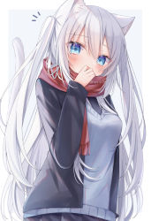 Rule 34 | 1girl, animal ear fluff, animal ears, black jacket, black necktie, black skirt, blazer, blue eyes, blush, breasts, cat ears, cat girl, cat tail, commentary, covered mouth, fringe trim, grey background, hair between eyes, hand up, highres, jacket, long hair, long sleeves, looking at viewer, medium breasts, necktie, notice lines, open clothes, open jacket, original, pleated skirt, red scarf, ringouulu, scarf, school uniform, shirt, skirt, solo, sweater vest, symbol-only commentary, tail, tail raised, twitter username, two-tone background, two side up, very long hair, white background, white hair, white shirt