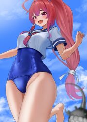 Rule 34 | 1girl, blue one-piece swimsuit, blue sailor collar, blue sky, covered navel, dorachan r, enemy naval mine (kancolle), from below, i-168 (kancolle), kantai collection, looking at viewer, old school swimsuit, one-piece swimsuit, open mouth, ponytail, red eyes, red hair, sailor collar, school swimsuit, school uniform, serafuku, sky, smile, solo, swimsuit, tight clothes, tongue, white serafuku