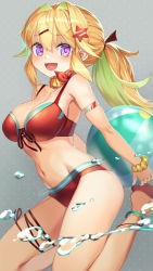 Rule 34 | 1girl, air bubble, armlet, ball, beachball, bikini, black ribbon, blonde hair, blush, breasts, bubble, cleavage, floating, front-tie bikini top, front-tie top, green hair, grey background, hair intakes, hair ornament, hair ribbon, hairclip, highres, holding, holding ball, large breasts, legs up, long hair, looking at viewer, mitake eil, navel, open mouth, original, ponytail, purple eyes, red bikini, red footwear, ribbon, sandals, scrunchie, sidelocks, smile, solo, star (symbol), star hair ornament, swimsuit, wrist scrunchie, yellow scrunchie