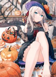 Rule 34 | 1girl, absurdres, autumn leaves, barefoot, bed, black dress, blue eyes, candelabra, candlestand, candy, closed mouth, commentary request, detached sleeves, dress, feet, food, hair ribbon, halloween, hat, highres, hyuuga azuri, jack-o&#039;-lantern, light brown hair, lollipop, long hair, looking at viewer, muffin, on bed, original, pillow, pumpkin, ribbon, second-party source, simple background, sitting, smile, solo, thighs, toes, witch hat