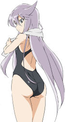 Rule 34 | 10s, 1girl, ass, competition swimsuit, cure moonlight, from behind, heartcatch precure!, long hair, looking back, one-piece swimsuit, precure, purple eyes, purple hair, solo, swimsuit, towel, tsukikage yuri, umanosuke, very long hair