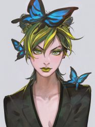 Rule 34 | 1girl, black jacket, blazer, blonde hair, blue butterfly, bug, butterfly, cateille, closed mouth, collarbone, double bun, ear piercing, earrings, expressionless, eyeshadow, green hair, green lips, grey background, hair between eyes, hair bun, hair ornament, highres, insect, jacket, jewelry, jojo no kimyou na bouken, kuujou jolyne, light blush, lips, lipstick, looking at viewer, makeup, multicolored hair, piercing, simple background, solo, stone ocean, swept bangs, upper body