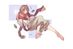 Rule 34 | 1girl, ahoge, barefoot, bliss ning, box, braid, brown eyes, brown hair, brown skirt, highres, little match girl, long hair, long skirt, looking at viewer, matches, open mouth, red scarf, scarf, signature, skirt, solo, very long hair