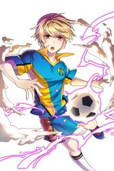 Rule 34 | 1boy, ball, blonde hair, electricity, gl ztoh, highres, looking at viewer, male focus, official art, open mouth, shorts, shu (soccer spirits), soccer ball, soccer spirits, soccer uniform, socks, solo, sportswear, transparent background, white socks