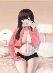 Rule 34 | 1girl, black hair, black shorts, breasts, brown eyes, cellphone, cleavage, collarbone, covering own mouth, crop top, crop top overhang, cropped jacket, hand up, highres, holding, holding phone, jacket, lampshade, large breasts, long hair, long sleeves, looking at viewer, micro shorts, navel, no bra, open clothes, open jacket, original, phone, pillow, pink jacket, shorts, sitting, smartphone, solo, stomach, thighs, yareen