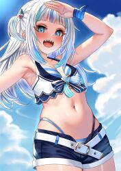 Rule 34 | 1girl, armpits, bare shoulders, belt, blue eyes, blue hair, blunt bangs, blush, breasts, ceijin (rizalagoenk), cloud, collarbone, gawr gura, hair ornament, highleg, highleg panties, highres, hololive, hololive english, long hair, looking at viewer, midriff, multicolored hair, navel, open mouth, panties, shark hair ornament, sharp teeth, shirt, short shorts, shorts, sky, sleeveless, small breasts, solo, streaked hair, swimsuit, teeth, two-tone hair, underwear, virtual youtuber, white shirt