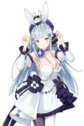 Rule 34 | 1girl, animal ears, beret, black ribbon, blue choker, blue hair, breasts, choker, cleavage, commentary request, dress, dress flower, flower, flower choker, girls&#039; frontline, green eyes, hair flower, hair ornament, hair ribbon, hands up, hat, highres, hk416 (girls&#039; frontline), hk416 (herbal-flavored hard candy) (girls&#039; frontline), long hair, looking at viewer, medium breasts, multicolored clothes, multicolored legwear, official alternate costume, pantyhose, rabbit ears, rabbit hair ornament, ribbon, sakippo (sakippo0), smile, solo, white background, white dress