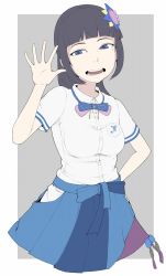 Rule 34 | 1girl, black hair, blue eyes, blue skirt, breast pocket, breasts, character request, collared shirt, copyright request, eyebrows, flat color, hair ornament, highres, hip vent, ina (gokihoihoi), long hair, looking at viewer, medium breasts, mole, mole under eye, open mouth, pocket, shirt, skirt, smile, solo, teeth, upper body, virtual youtuber, white shirt