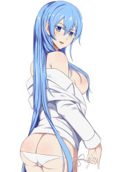 Rule 34 | 10s, 1girl, akame ga kill!, ass, bad id, bad pixiv id, bare shoulders, blue eyes, blue hair, breasts, butt crack, esdeath, fedsnk, from behind, hair censor, hair over breasts, large breasts, long hair, looking back, matching hair/eyes, no headwear, no headwear, no pants, open mouth, panties, shirt, side-tie panties, sideboob, simple background, solo, string panties, underwear, undressing, white background, white panties