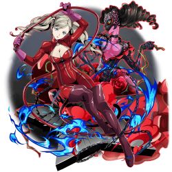 Rule 34 | 1girl, blue eyes, bodysuit, boots, breasts, brown footwear, carmen (persona 5), cat tail, chain, cleavage, cleavage cutout, clothing cutout, floating hair, flower, full body, highres, holding, holding whip, long hair, looking at viewer, medium breasts, official art, parted lips, persona, persona 5, red bodysuit, red flower, red rose, rose, shiny clothes, silver hair, solo, swept bangs, sword art online, tail, takamaki anne, thigh boots, thighhighs, transparent background, twintails