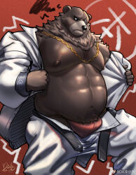 Rule 34 | 1boy, abs, absurdres, alternate pectoral size, animal ears, bara, bare pectorals, bear boy, bear ears, ben bigger, bulge, chain, chain necklace, cowboy shot, fat, fat man, furry, furry male, gloves, highres, huge pectorals, jewelry, leng xiaoyu, male focus, male underwear, muscular, muscular male, navel, navel hair, necklace, nipples, open fly, orange male underwear, pants, pectorals, scar, scar across eye, shirt, squiggle, standing, stomach, strongman waist, thick navel hair, underwear, undressing, zenless zone zero