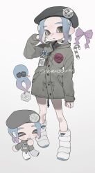 Rule 34 | 1girl, alternate form, beret, blue hair, boots, bow, buttons, chibi, chibi inset, closed eyes, commentary request, commission, gomi20021021, gradient hair, green eyes, grey jacket, hat, highres, jacket, medium hair, multicolored hair, multiple views, nintendo, octoling, octoling girl, octoling player character, octopus, open mouth, purple bow, purple hair, simple background, smile, splatoon (series), standing, sticker, white background, white footwear