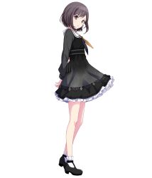 Rule 34 | 1girl, arms behind back, black dress, black footwear, black neckerchief, brown eyes, brown hair, dress, frilled dress, frills, from side, full body, hair ribbon, highres, long sleeves, looking at viewer, multicolored neckerchief, neckerchief, non-web source, official art, orange neckerchief, project sekai, ribbon, sailor collar, shinonome ena, shoes, short hair, socks, solo, tachi-e, transparent background, white ribbon, white sailor collar, white socks