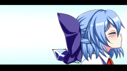 Rule 34 | 1girl, blue hair, blush, bow, cirno, closed eyes, hair bow, highres, ice, ice wings, imminent kiss, letterboxed, puckered lips, short hair, solo, touhou, wings, yagami (mukage)